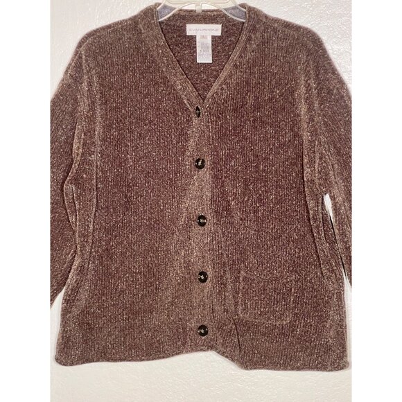Evan-Picone Women's L Brown Button-Up V-Neck Cardigan Sweater  Acrylic/Polyester - Picture 5 of 14